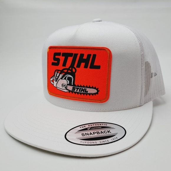 Stihl Embroidered Patch Flat Bill Trucker Mesh Snapback Hat Cap White - Picture 3 of 4